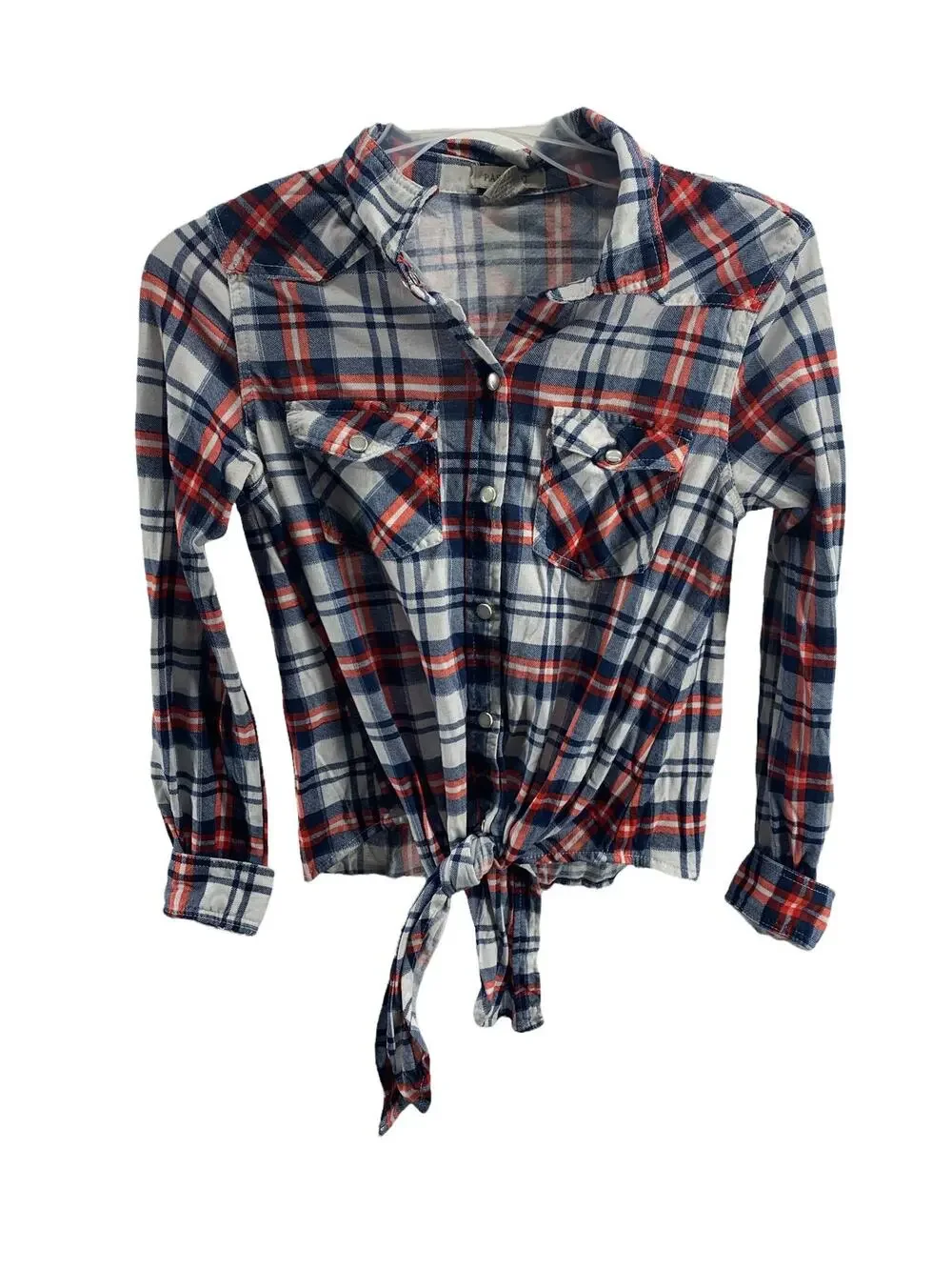 Passport Girls' Blue Orange Plaid Tie Waist Button Down Top Youth Size Small